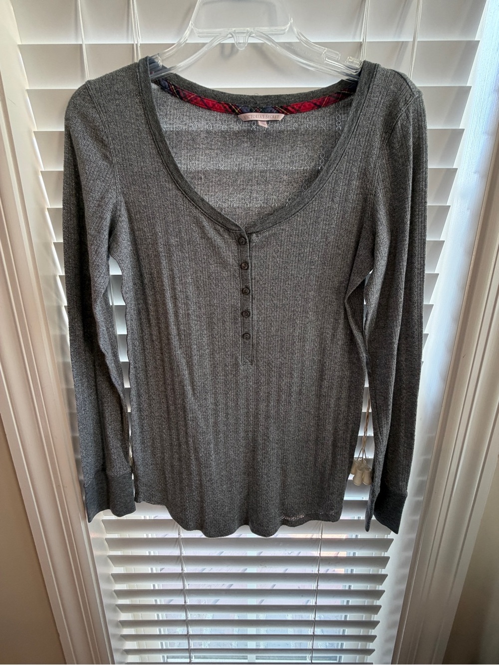 Victoria's Secret Gray Ribbed Henley Long Sleeve Top. Silver stitching.